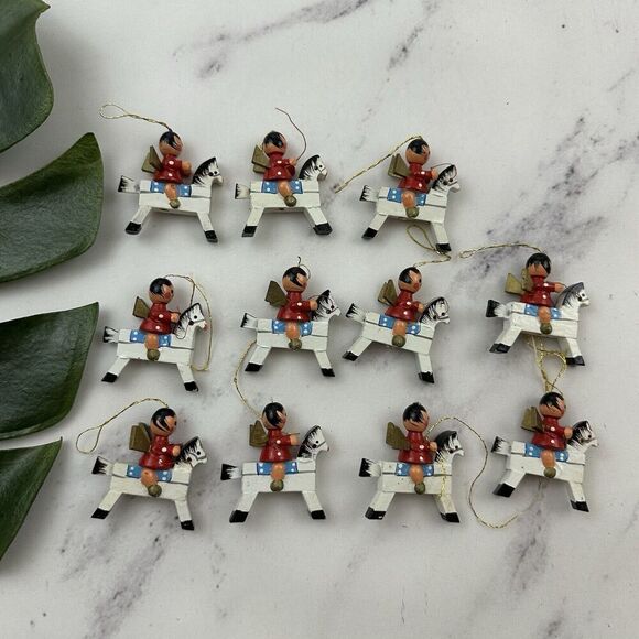 Vintage Wood Mini Christmas Tree Ornament Set of 11 White Horses Angels - Picture 5 of 7